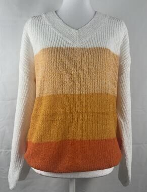 NWT Mainstrip Colorblock V-Neck Lightweight Sweater Ivory Orange Size Medium